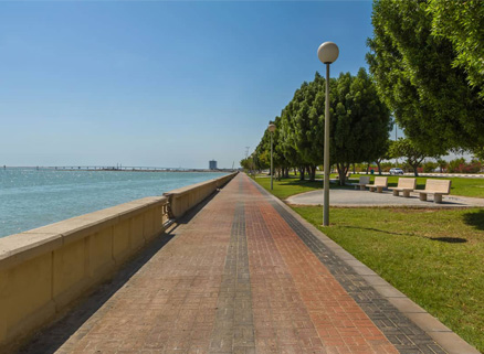 Walkers, sidewalks, streets, sides of main roads, the sea corniche, and internal and external parking